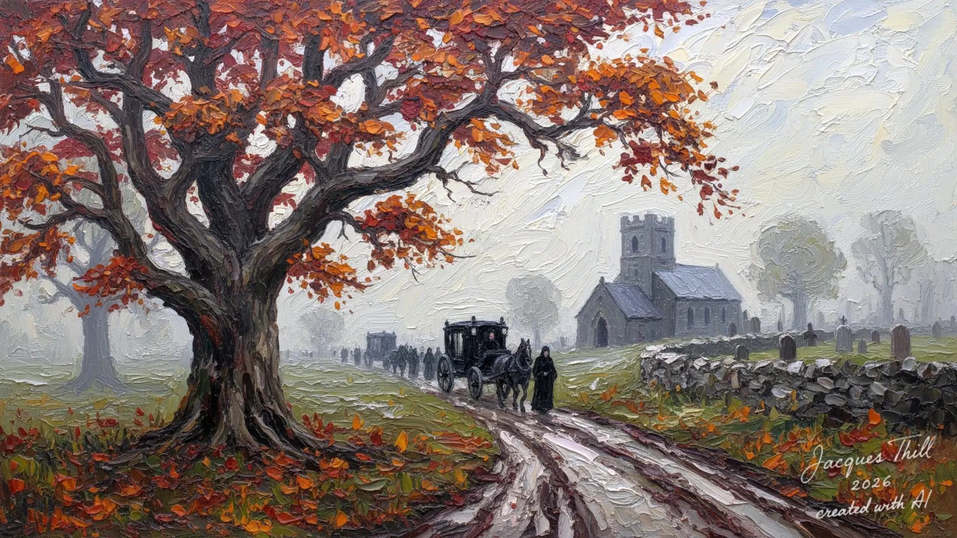 Herbstliche Landschaft mit Baum, Pferdekutsche und Kirche im Hintergrund bei tristem Himmel.