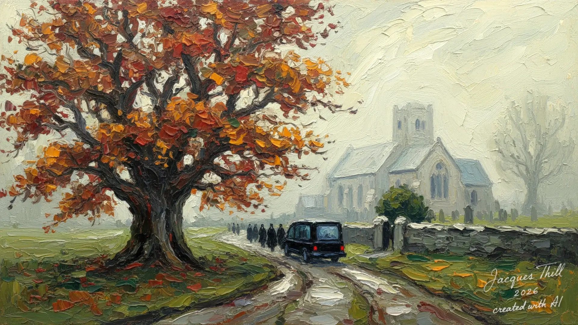 Ölgemälde eines Oldtimers auf schlammiger Straße bei nebeliger Kirche und buntem Herbstbaum.