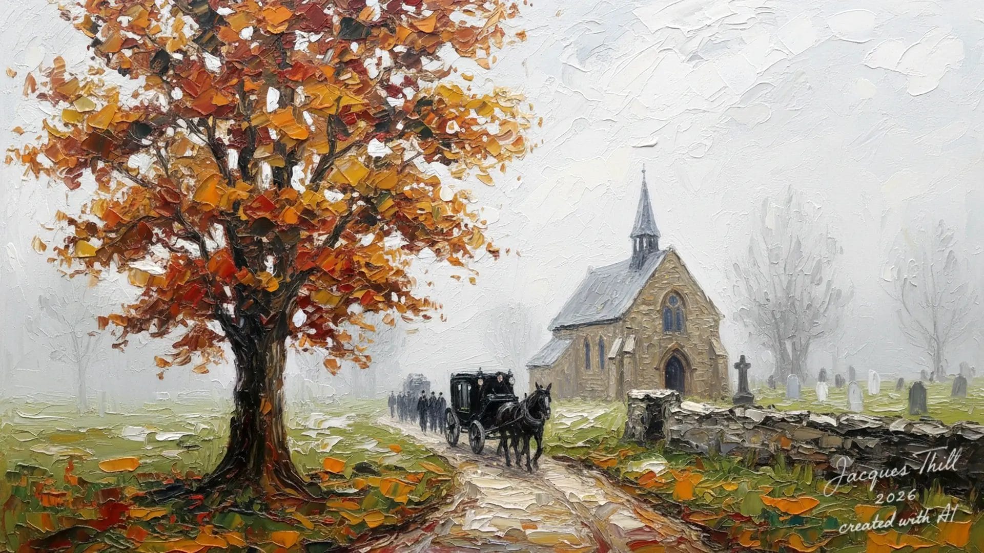 Pferdekutsche fährt an einer kleinen Kirche vorbei in herbstlicher Landschaft.