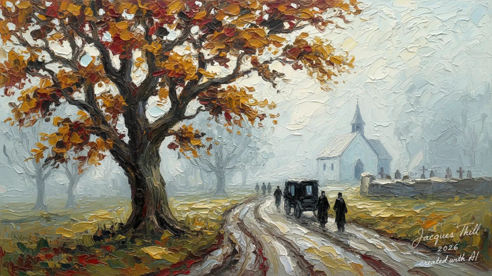 Ölgemälde einer nebligen Herbstlandschaft mit großer Baum, Pferdekutsche und Kirche im Hintergrund.