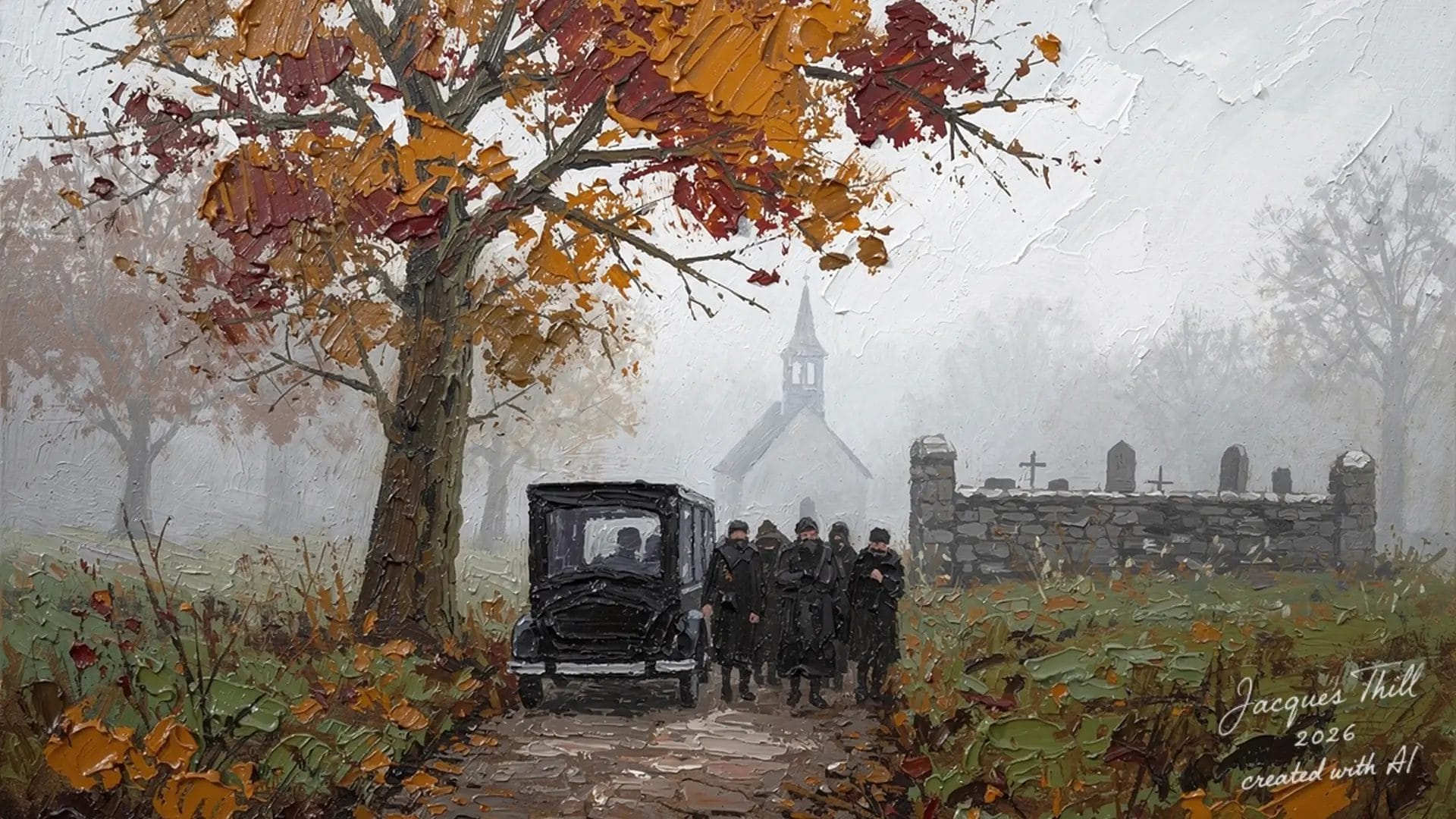 Herbstliche Landschaft mit Pferdekutsche und Menschen, die neblig zum Dorfkirche laufen.