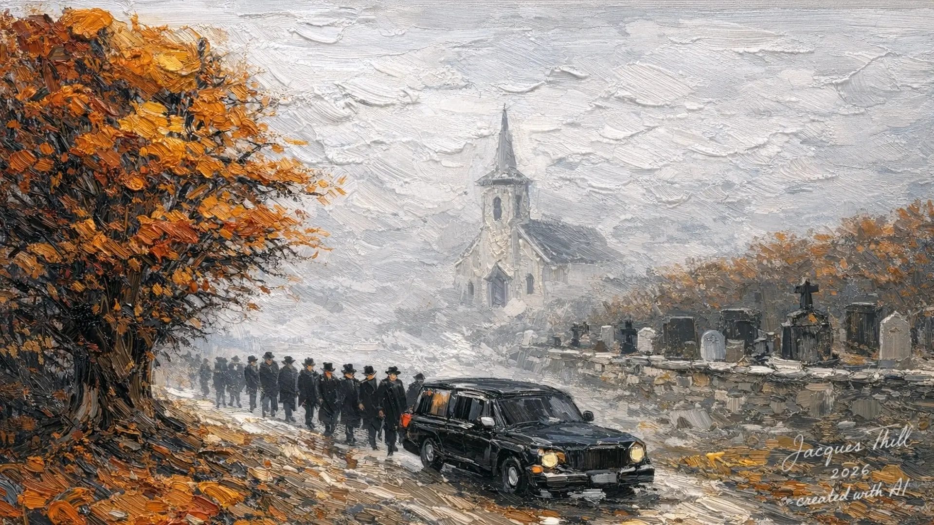 Ölgemälde eines Trauerzugs mit schwarzem Leichenwagen und Trauernden im Herbst nahe einer Kirche.