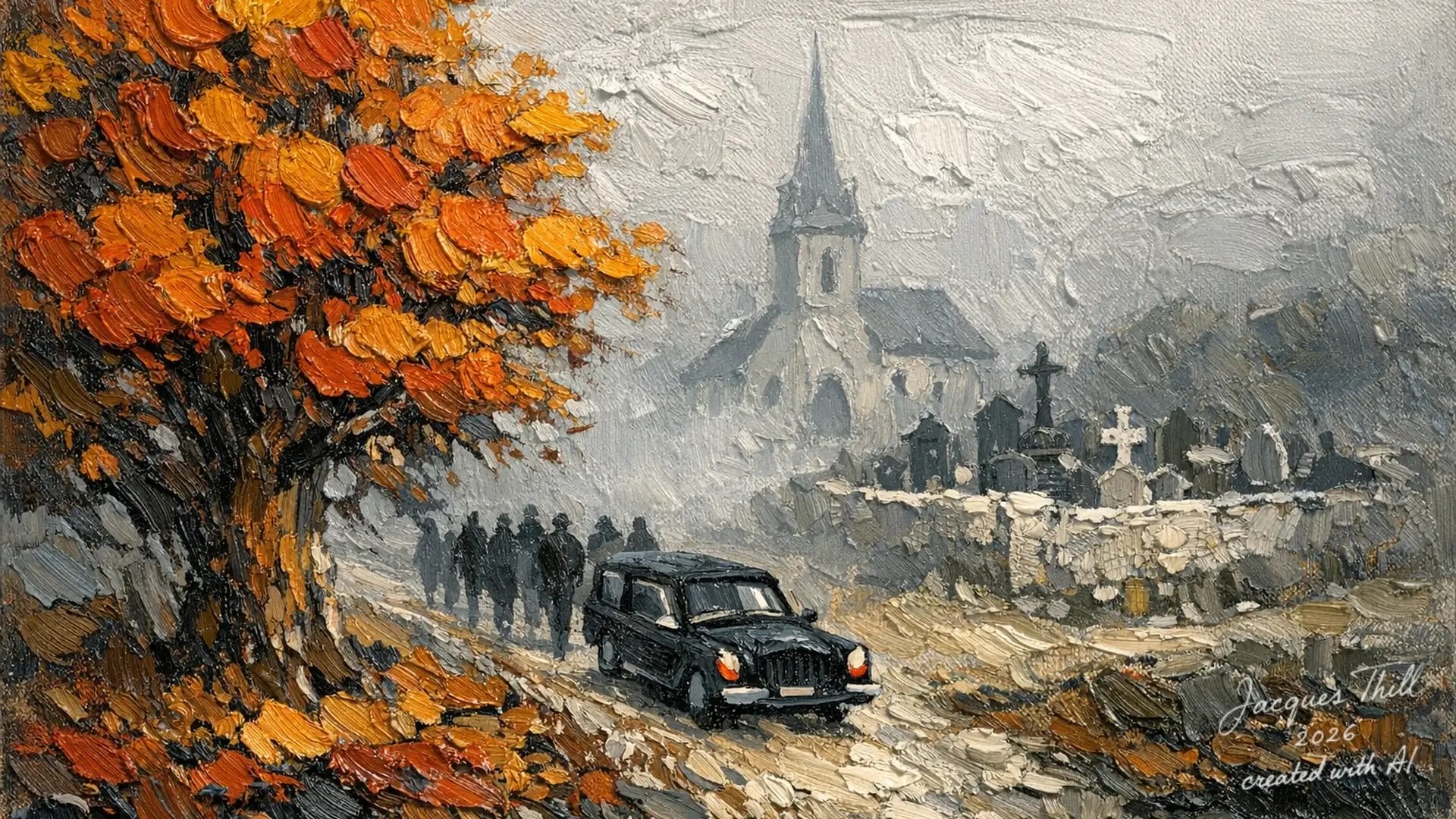 Ölgemälde eines Oldtimers, der durch einen nebligen Herbstfriedhof mit einer Kirche im Hintergrund fährt.