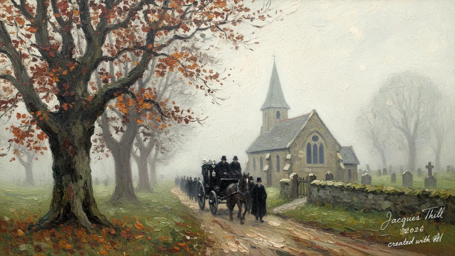 Nebeliger Herbstmorgen, Pferdekutsche fährt zu einer kleinen Kirche mit Grabsteinen im Vordergrund.