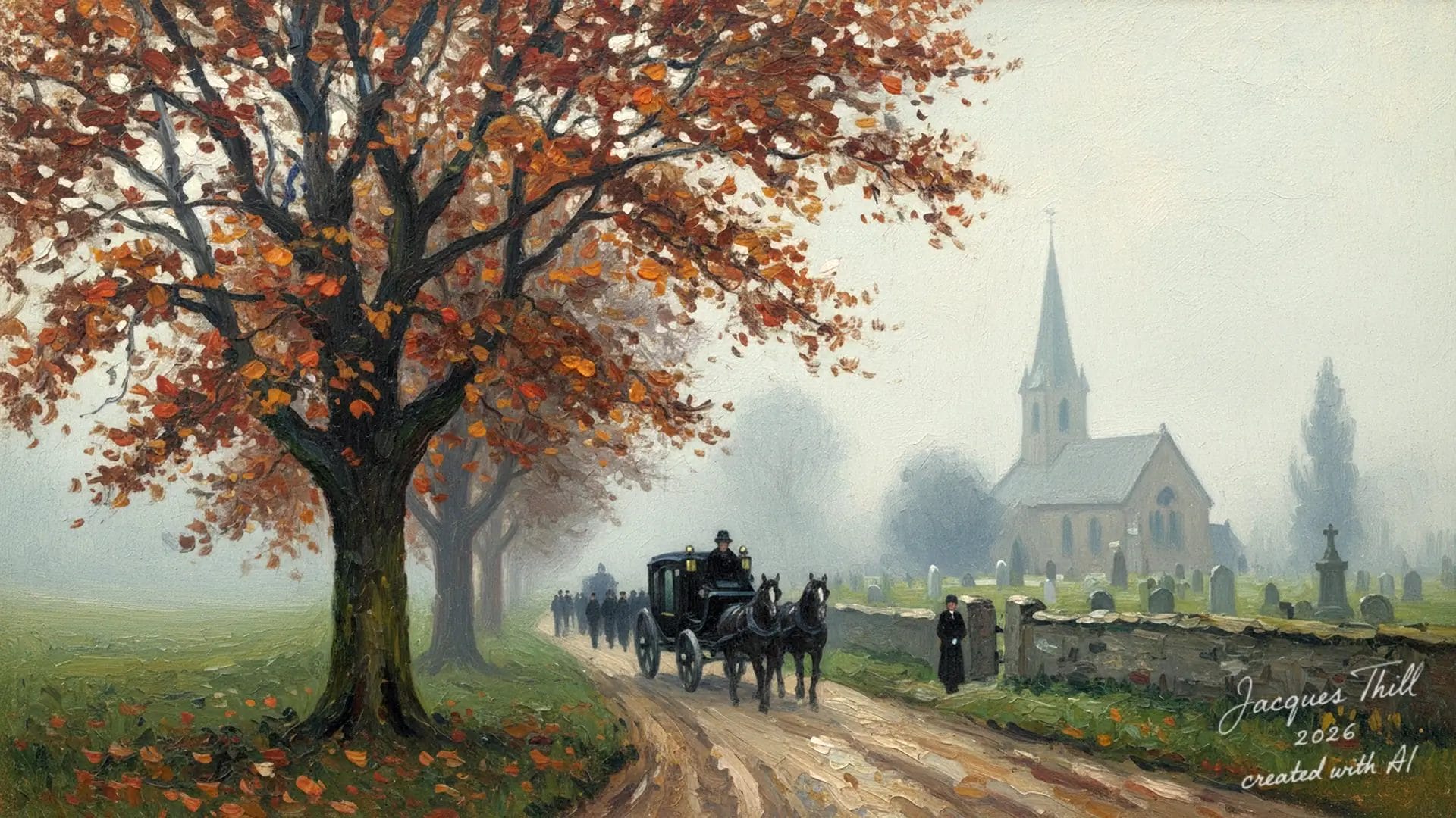 Herbstliche Landschaft mit Pferdekutsche und Kirche im Hintergrund bei sonnigem Wetter.