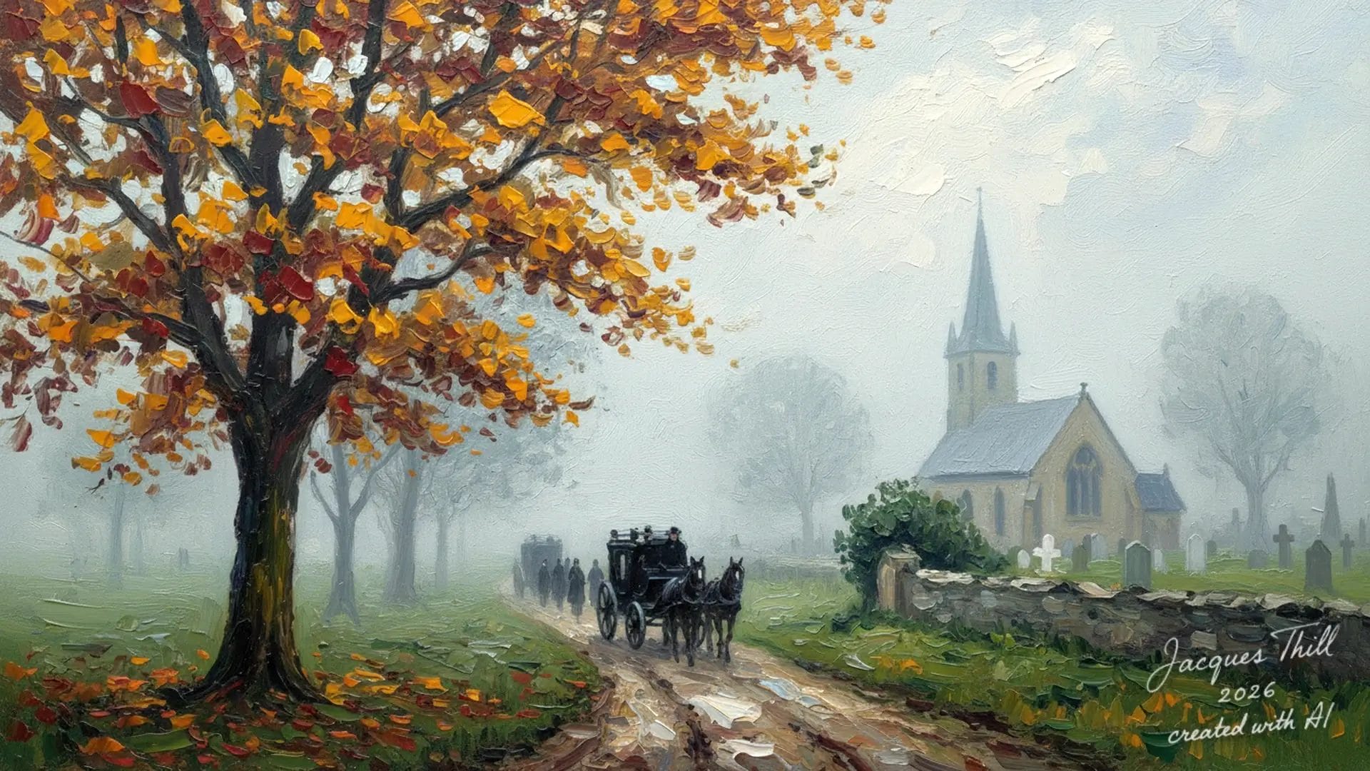 Herbstliche Landschaft mit Pferdekutsche auf Landstraße und Kirche im Hintergrund.