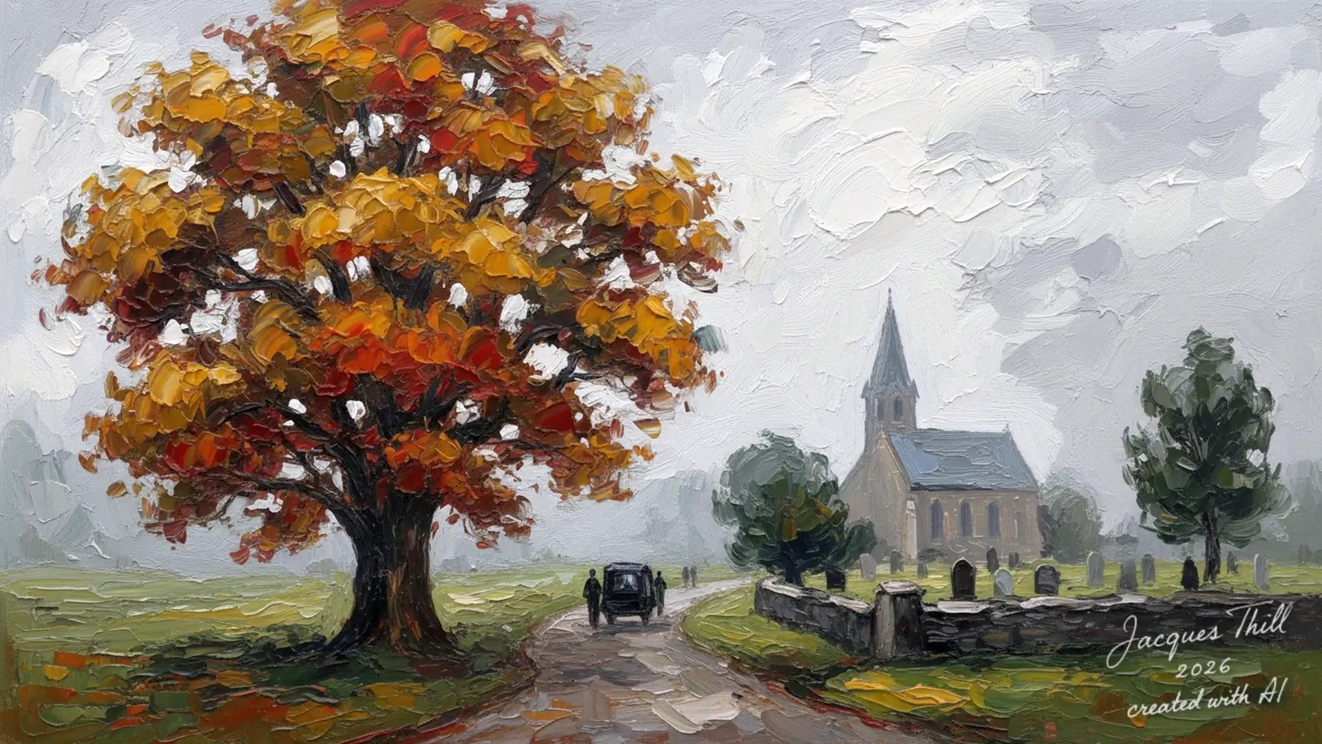 Impressionistisches Gemälde einer Landkirche mit großem Herbstbaum und Pferdewagen auf dem Weg.