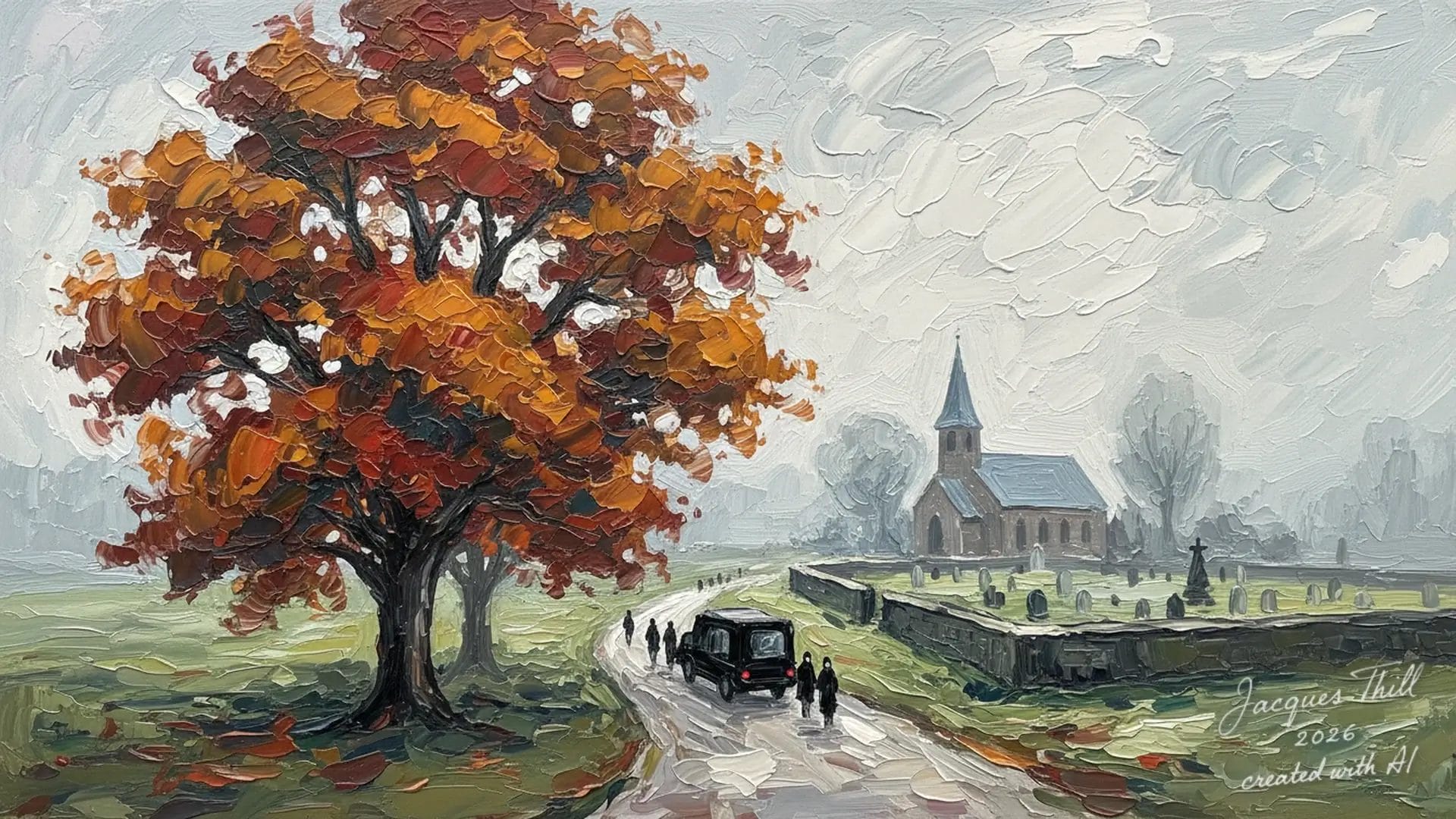 Ölgemälde einer herbstlichen Landschaft mit großem Baum, altem Auto und Kirche im Hintergrund.