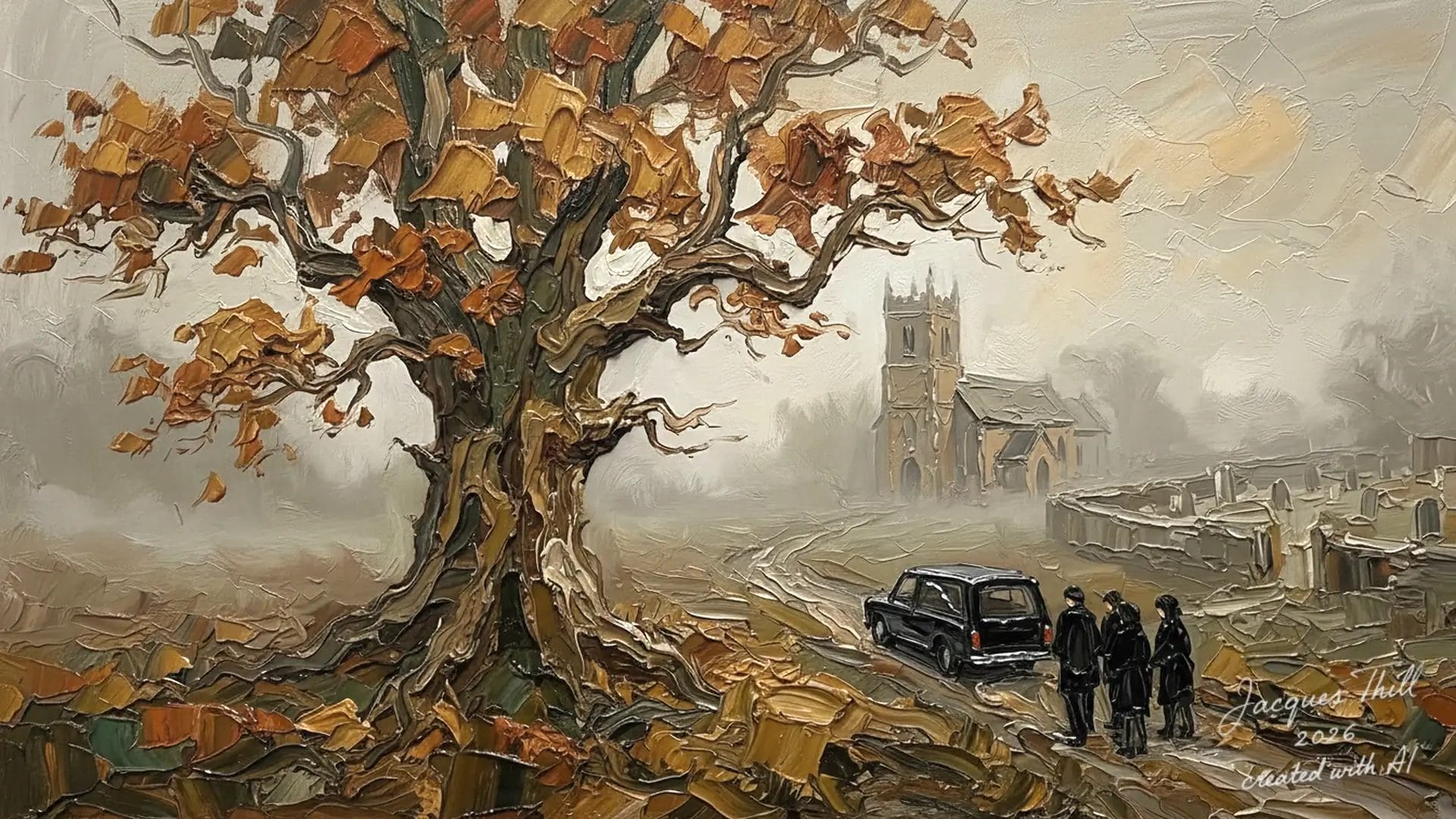 Herbstliche Friedhofsszene mit großer Baum, Kirche und Oldtimer in nebliger Atmosphäre.