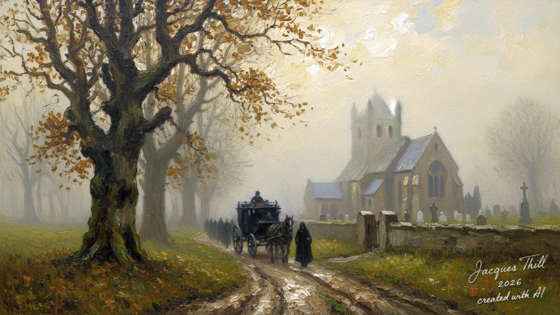 Pferdekutsche fährt an nebliger Herbstlandschaft vorbei auf dem Weg zu einer Kirche.