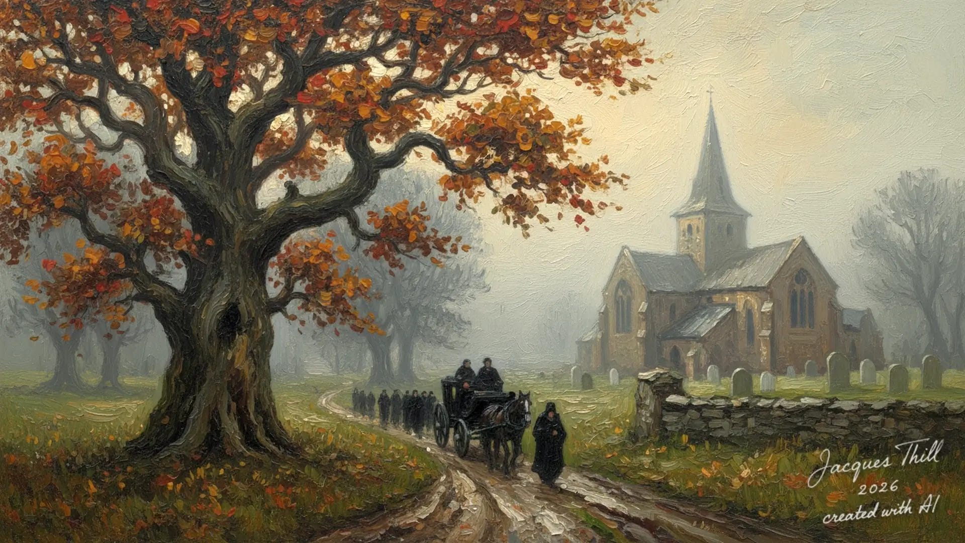 Menschen gehen bei herbstlicher Landschaft mit großer Baum und Kirche an einem Feldweg entlang.