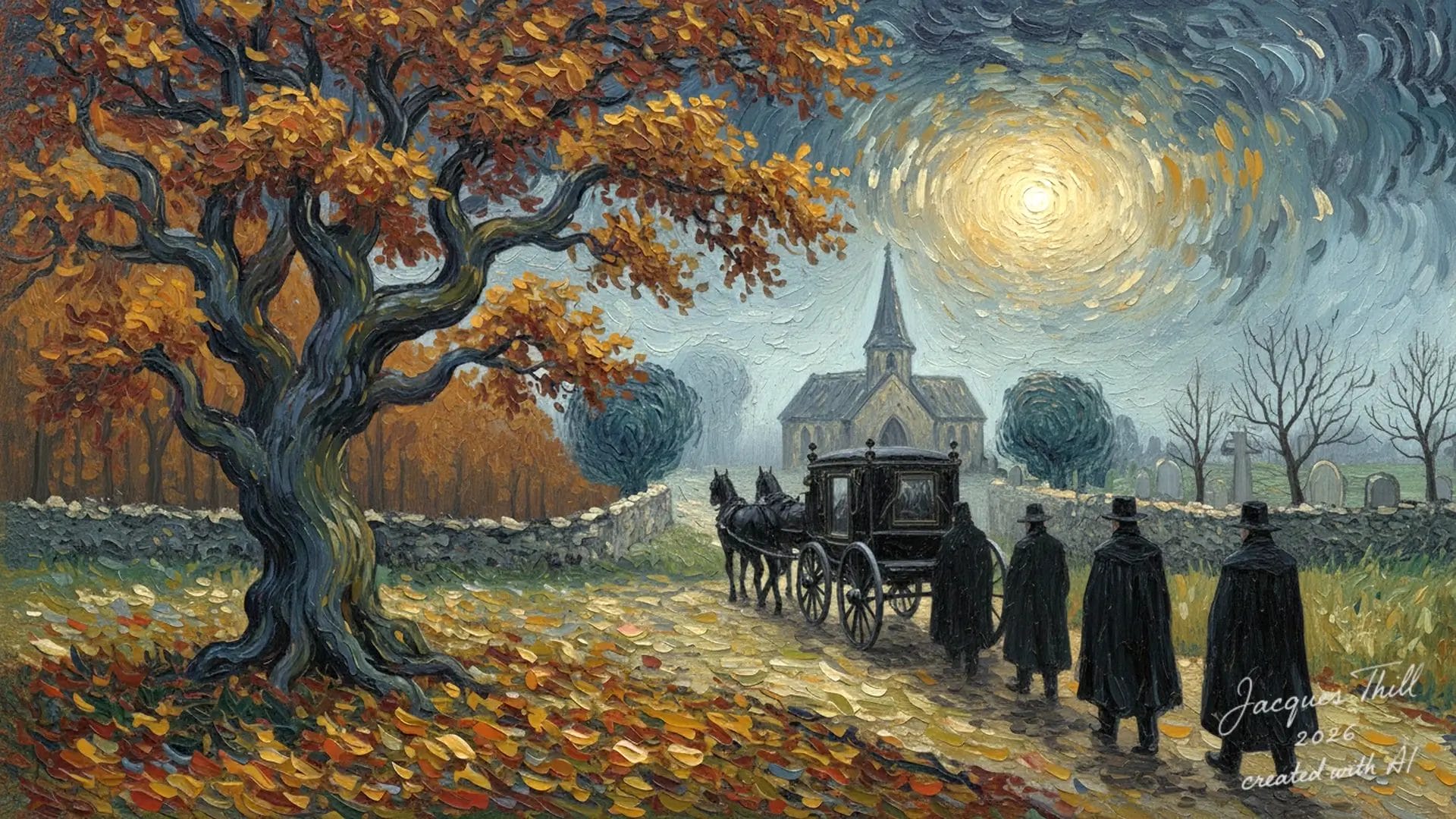 Trauerzug mit Pferdekutsche bei einer Herbstbestattung vor einer Kirche unter einem wirbelnden Himmel.