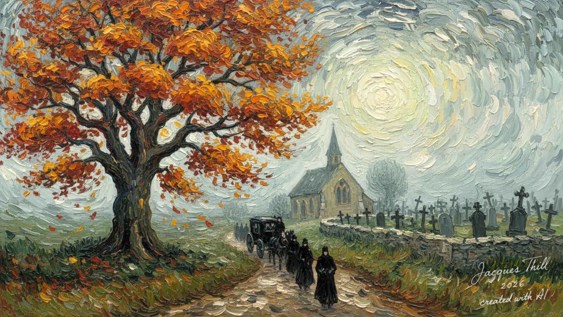 Impressionistisches Gemälde einer Kirche mit herbstlichen Bäumen und Menschen auf nebligem Weg